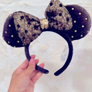 Disney Parks Black Jeweled Studded Gold Minnie Mouse Plush Ear Headband